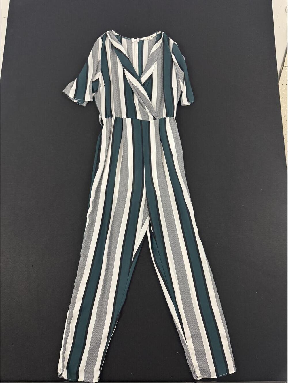 Haute Monde Striped Short Sleeve Wrap Front Wide Leg Jumpsuit Medium